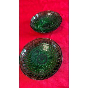 Collectible Anchor Hocking Green Glass Hobnail 3-Footed Bowls Set Of 2 MCM vinta